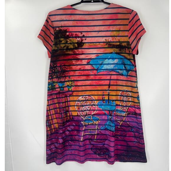 Leoma Lovegrove Art Print Dress Sz XLP Tropical Resort Cafe Terrace Boho Whimsi - Picture 6 of 9